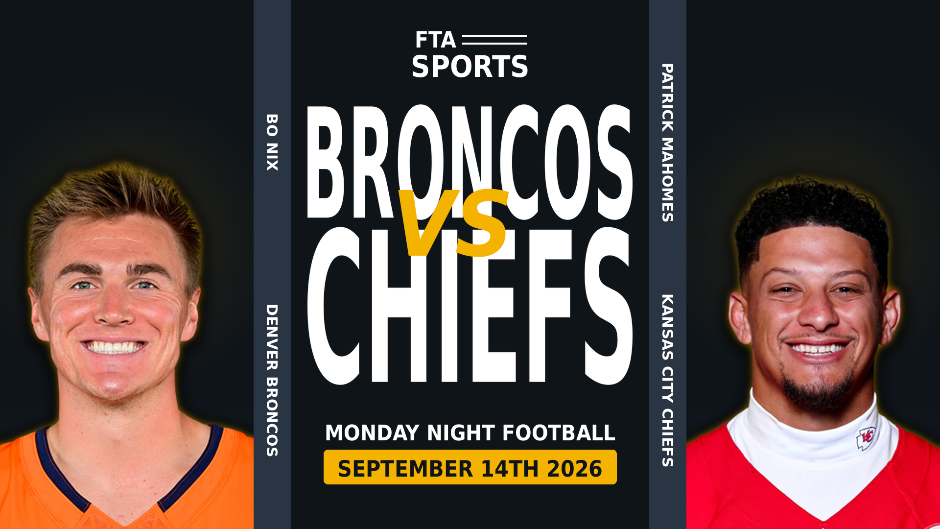 Bo Nix and Patrick Mahomes, Broncos at Chiefs Monday Night Football Week 1 showdown matchup graphic