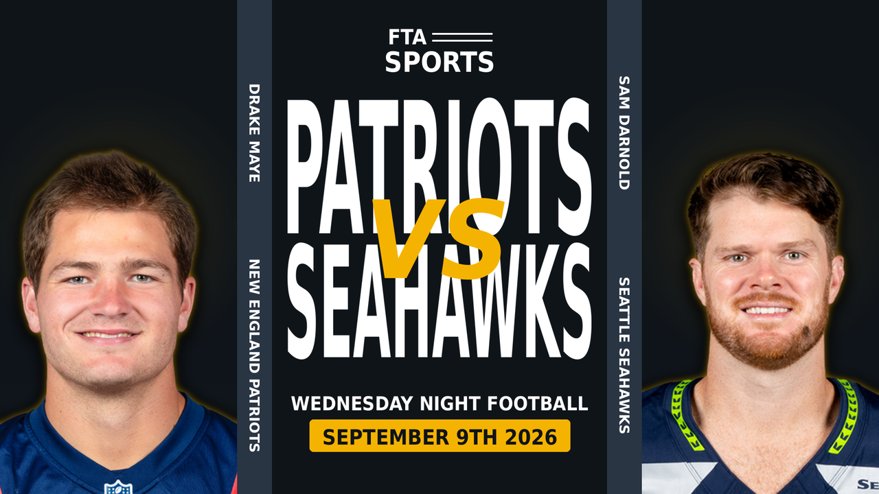 Drake Maye and Sam Darnold, Patriots at Seahawks Week 1 showdown matchup graphic